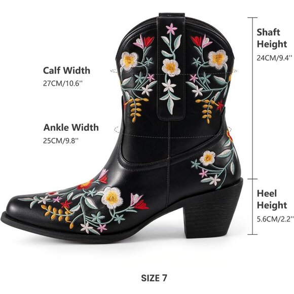 Women's Flower Embroidered Chunky Heel Ankle Snip Square Toe Western Boot Black - Picture 6 of 8